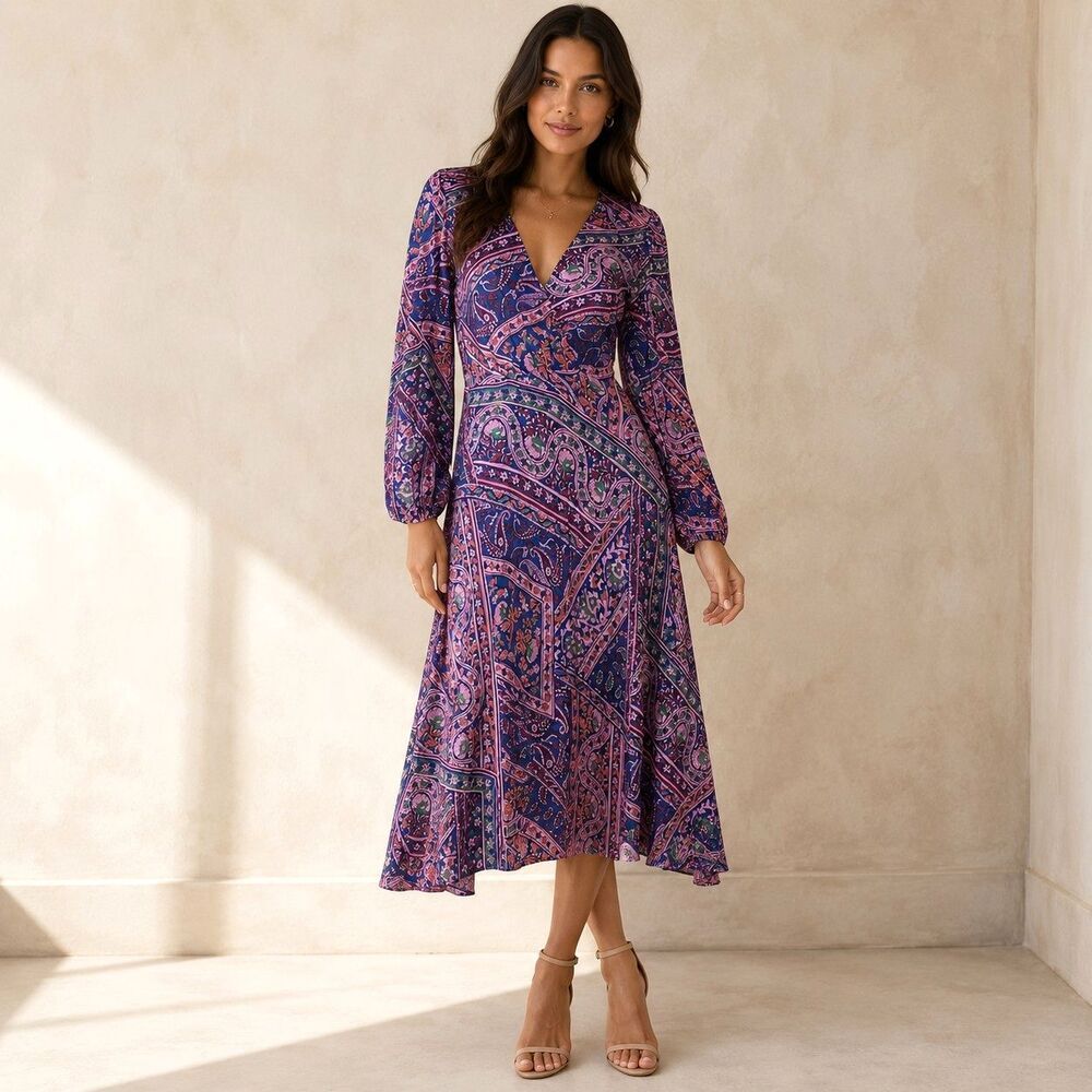 ba&sh Franky Paisley Print Midi Dress Blue Pink Long Sleeve V-Neck Size 6 M